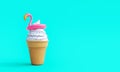 Cornet ice cream with pink flamingo on turquoise blue summer background