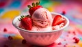 Cornet ice cream with a strawberry scoop on a colorful surface