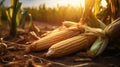 Cornfield with mature corn cobs lying on the ground Royalty Free Stock Photo