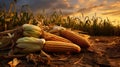 Cornfield with mature corn cobs lying on the ground Royalty Free Stock Photo