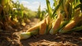 Cornfield with mature corn cobs lying on the ground Royalty Free Stock Photo