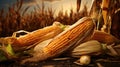Cornfield with mature corn cobs lying on the ground Royalty Free Stock Photo
