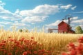 Cornfield with a red barn and a windmill in the Royalty Free Stock Photo