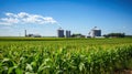 Cornfield with silos and farm in the distance