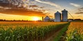 Cornfield with silos and farm in the distance