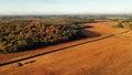 Cornfield in sunlight at Fall season. Autumn colors. Harvest, harvesting time. Rural landscape. Countryside scenery. Aerial, view Royalty Free Stock Photo