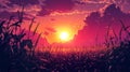 Cornfield Sunset with Birds Flying in the Sky Royalty Free Stock Photo