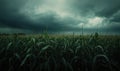 Cornfield under stormy skies, contrast of green and grey Royalty Free Stock Photo