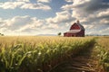 Cornfield with a vintage red barn in the Royalty Free Stock Photo