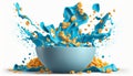 cornflakes in blue bowl. Breakfast cereal with splashing milk isolated on white background. Generative ai Royalty Free Stock Photo