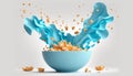 cornflakes in blue bowl. Breakfast cereal with splashing milk isolated on white background. Generative ai Royalty Free Stock Photo