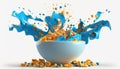 cornflakes in blue bowl. Breakfast cereal with splashing milk isolated on white background. Generative ai Royalty Free Stock Photo