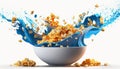 cornflakes in blue bowl. Breakfast cereal with splashing milk isolated on white background. Generative ai Royalty Free Stock Photo