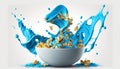 cornflakes in blue bowl. Breakfast cereal with splashing milk isolated on white background. Generative ai Royalty Free Stock Photo