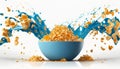 cornflakes in blue bowl. Breakfast cereal with splashing milk isolated on white background. Generative ai Royalty Free Stock Photo