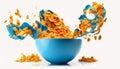 cornflakes in blue bowl. Breakfast cereal with splashing milk isolated on white background. Generative ai Royalty Free Stock Photo