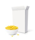 Cornflakes in ceramic bowl and box. Corn cereals