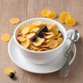 An illustration of cornflakes in a ceramic cup with milk and raisins.