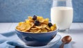 An illustration of cornflakes in a ceramic cup with milk and raisins.
