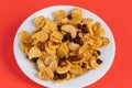 Cornflakes honey caramel homemade with grains, currant, cashew nut, dried strawberries and white sesame healthy food snack on a