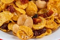 Cornflakes honey caramel homemade with grains, currant, cashew nut, dried strawberries and white sesame healthy food snack on a