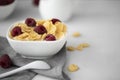 cornflakes with milk and raspberries Royalty Free Stock Photo