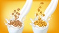 Cornflakes in milk splash Vector realistic mock up. package label design. 3d detailed illustrations