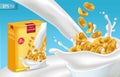 Cornflakes in milk splash Vector realistic mock up. Product placement label design. 3d detailed illustrations