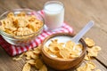 Cornflakes with milk on wooden table background, cornflakes bowl breakfast food and snack for healthy food concept, morning Royalty Free Stock Photo