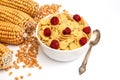 Cornflakes with raspberries and ears of corn close-up isolated on a white background. Healthy food, breakfast Royalty Free Stock Photo