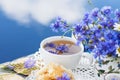 Cornflower herbal tea in white cup on white crochet napkin on wooden table, healthy cornflower drink with honey