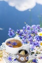 Cornflower herbal tea in white cup on white crochet napkin on wooden table outdoors