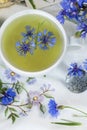 Cornflower herbal tea in white cup on white crochet napkin intdoors, healthy cornflower drink with honey