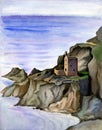 Cornish old traditional tin mine, England. Watercolor hand drawn landscape.