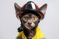 Cornish Rex Cat Dressed As A Fireman On White Background