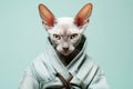 Cornish Rex Cat Dressed As A Ninja On Mint Color Background