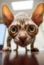 cornish rex cat looking right at you, fish eye lens Royalty Free Stock Photo