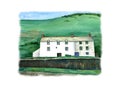 Cornish traditional house, England. Watercolor hand drawn landscape with white frame.