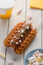 Cornmeal stick desserts on wooden background. Beautiful and tasty snack