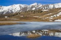 Corno Grande of Gran Sasso d`Italia reflection on the mountain lake of Filetto