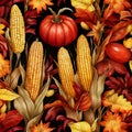 Corns, cobs, leaves, pumpkins, as abstract background, wallpaper, banner, texture design with pattern - vector. Dark colors