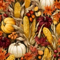 Corns, cobs, leaves, pumpkins, as abstract background, wallpaper, banner, texture design with pattern - vector. Dark colors