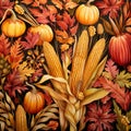 Corns, cobs, leaves, pumpkins, as abstract background, wallpaper, banner, texture design with pattern - vector. Dark colors