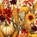 Corns, cobs, leaves, pumpkins, as abstract background, wallpaper, banner, texture design with pattern - vector. White colors