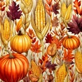 Corns, cobs, leaves, pumpkins, as abstract background, wallpaper, banner, texture design with pattern - vector. White colors