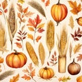 Corns, cobs, leaves, pumpkins, as abstract background, wallpaper, banner, texture design with pattern - vector. White colors