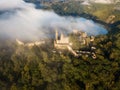 Cornstein Medieval castle in South Moravia region during amazing sunrise, Czech republic, Europe. Aerial drone view. Summer Royalty Free Stock Photo