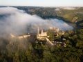 Cornstein Medieval castle in South Moravia region during amazing sunrise, Czech republic, Europe. Aerial drone view. Summer Royalty Free Stock Photo