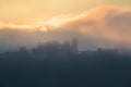 Cornstein Medieval castle in South Moravia region during amazing sunrise, Czech republic, Europe. Aerial drone view. Summer time Royalty Free Stock Photo