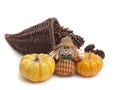 Cornucopia basket with pine cones and pumpkins